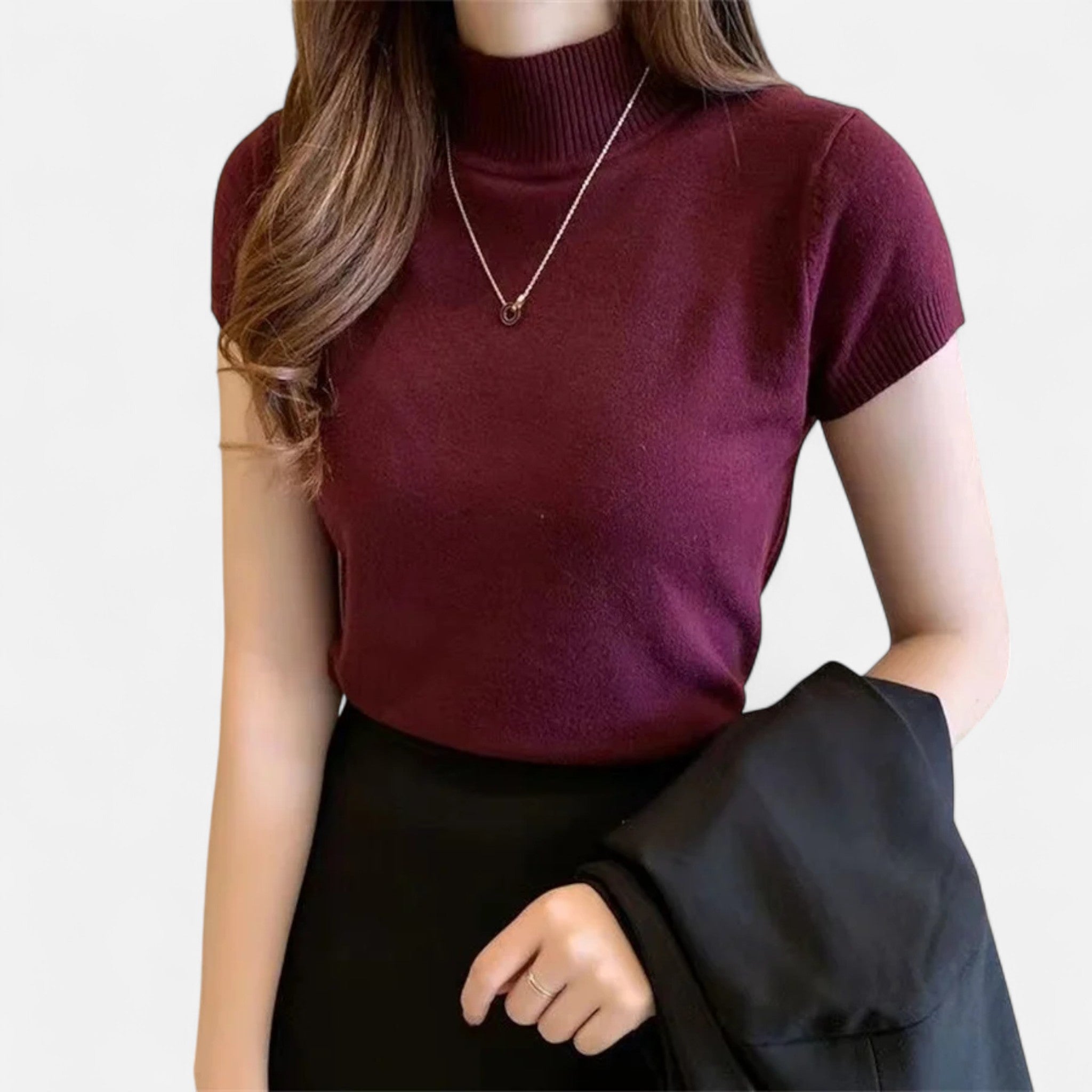 Veloire | Blouse Tricotée Femme – Élégance à Col Roulé Manches Courtes