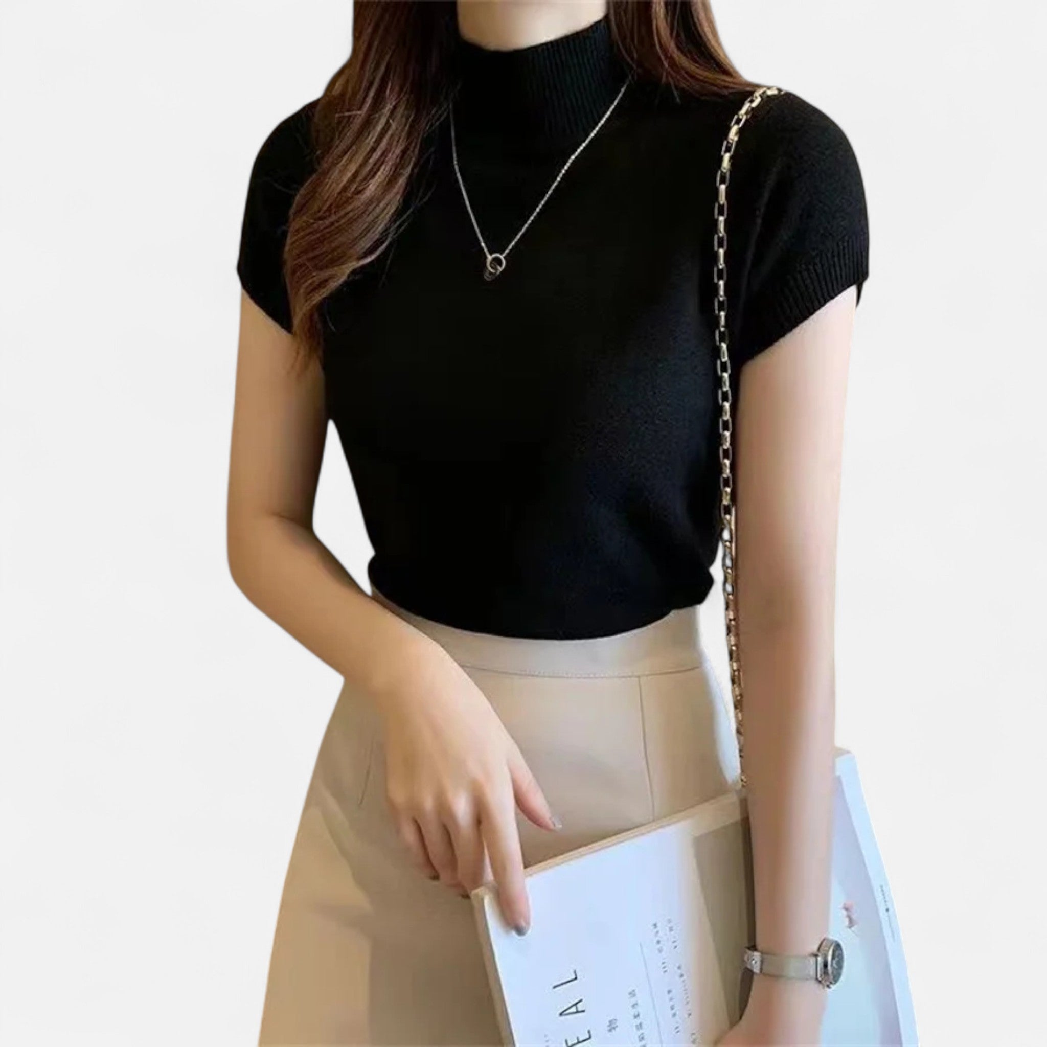 Veloire | Blouse Tricotée Femme – Élégance à Col Roulé Manches Courtes